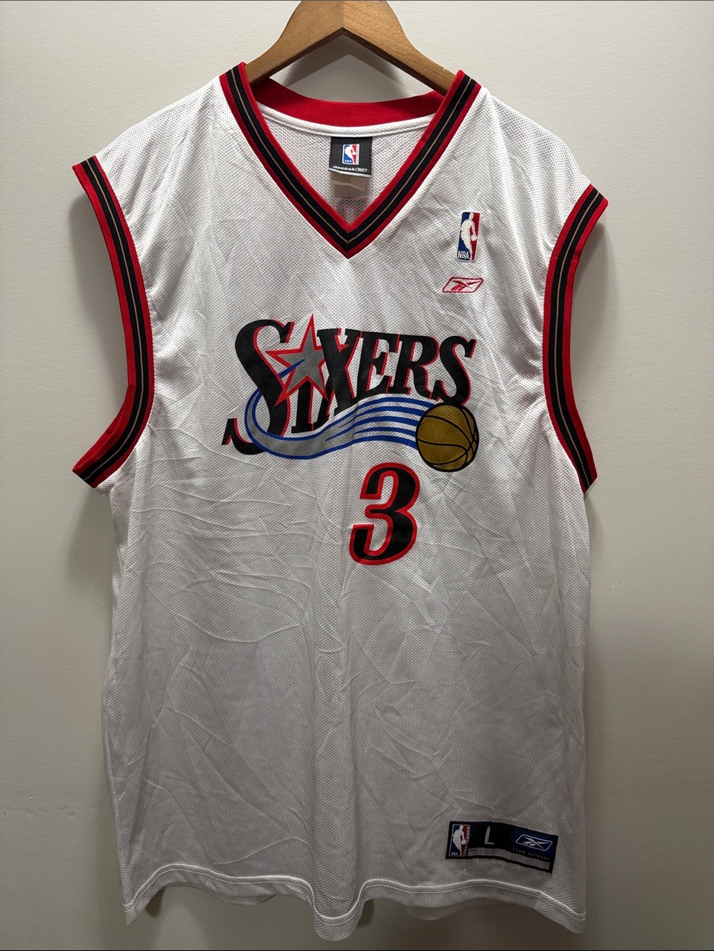 Vintage Authentic Reebok White Sixers #3 Iverson Basketball Jersey Sz L 33.5x25